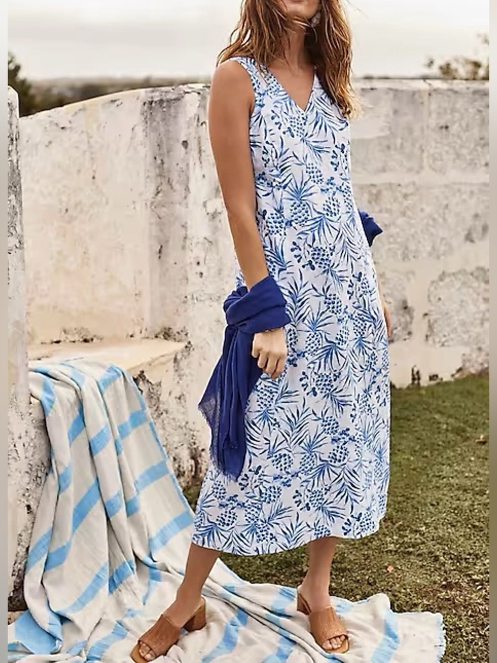 J Jill 100% Linen Love Linen Tropical Pineapple Fruit Midi Sleeveless Dress 3X